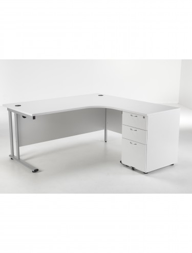 White Desks - Right Hand L Shaped Desk and Desk High Pedestal Bundle TWU1612BUNRWHSV