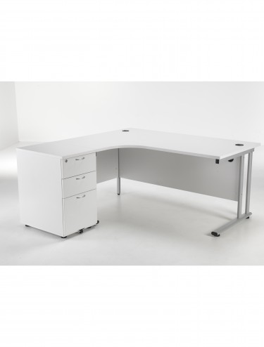 White Desks - Left Hand L Shaped Desk and Desk High Pedestal Bundle TWU1612BUNLWHSV
