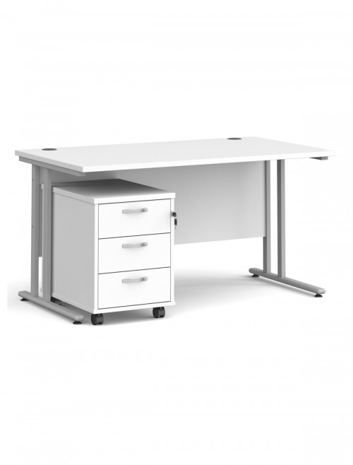 White Office Desk 1400mm Maestro and 3 Drawer Storage Pedestal Bundle SBS314WH by Dams