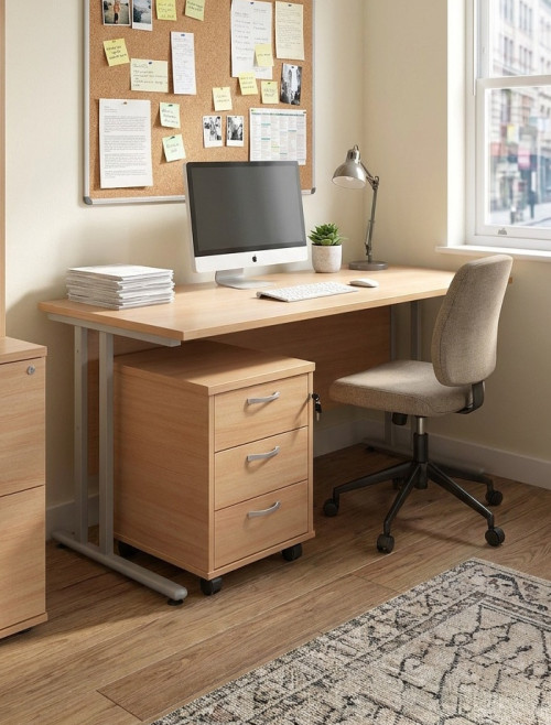 Beech Office Desk 1600mm Maestro and 3 Drawer Storage Pedestal Bundle SBS316B by Dams