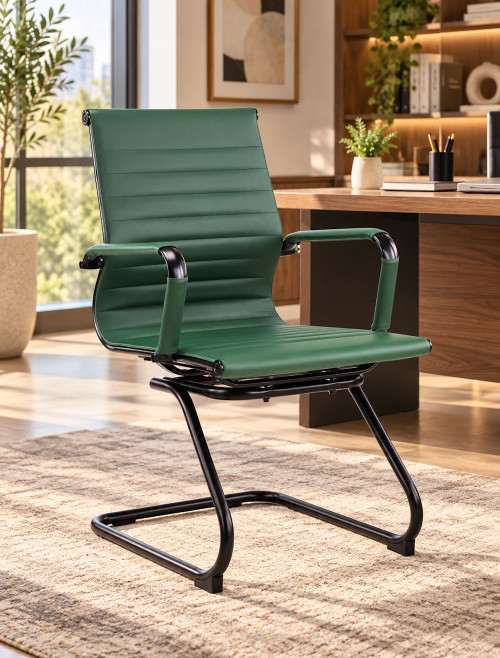 Bonded Leather Visitor Chair Aura Cantilever Forest Green Office Chair BCL/8003AV/BK-FGN
